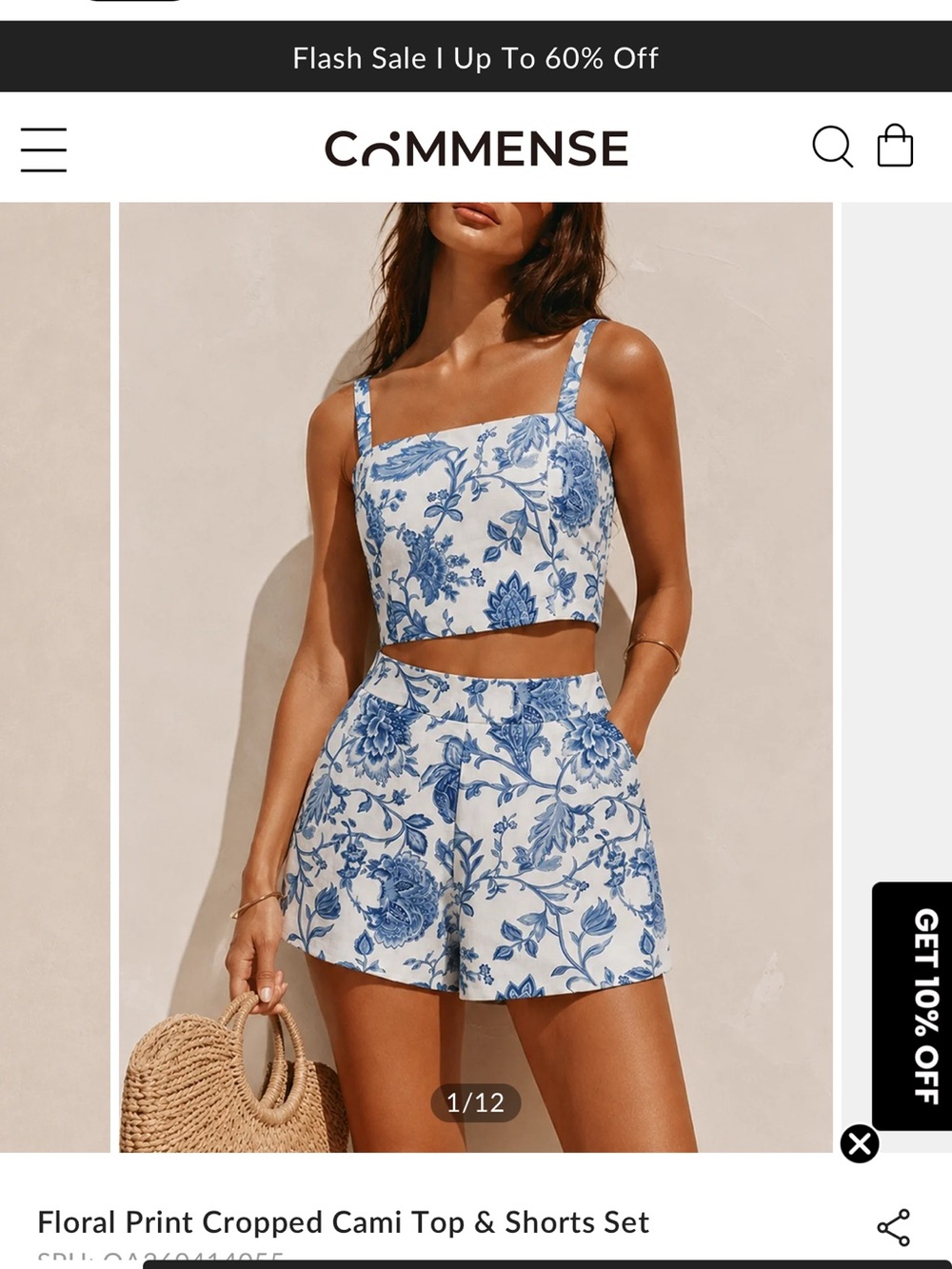Commense White and Blue Floral Cropped Cami Top